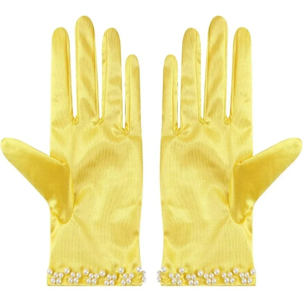 Women's Yellow Satin Pearl Short Length Wrist Gloves Wedding Banquet Party Prom